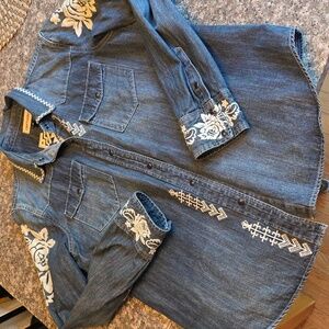 DRIFTWOOD Snap Button Denim Shirt with Embroidery